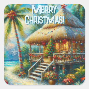Tropical Hut Christmas Palm Tree Beach Lights  Square Sticker