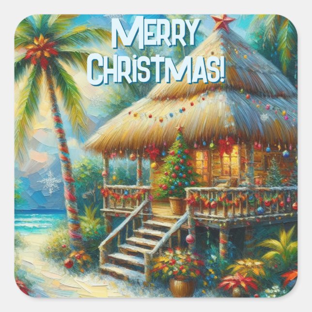Tropical Hut Christmas Palm Tree Beach Lights  Square Sticker (Front)