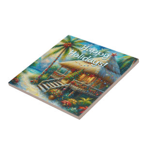 Tropical Hut Christmas Palm Tree Beach Lights  Tile