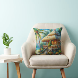 Tropical Hut Christmas Palm Tree Beach Seasonal Throw Pillow
