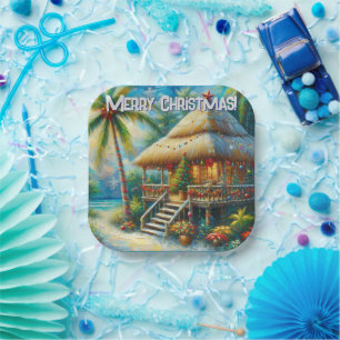 Tropical Hut Christmas Palm Tree Coastal Paper Plate