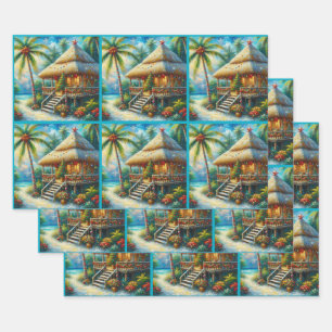 Tropical Hut Christmas Palm Tree Decoupage Wrapping Paper Sheet