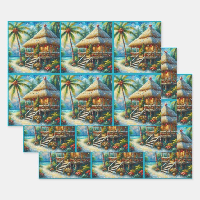 Tropical Hut Christmas Palm Tree Decoupage Wrapping Paper Sheet (Set)