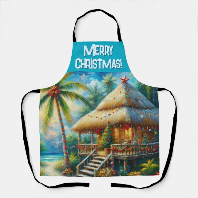 Tropical Hut Christmas Palm Tree Personalized Apron (Front)