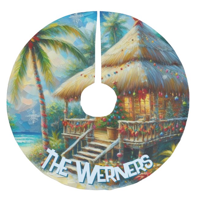 Tropical Hut Christmas Palm Tree Personalized Brushed Polyester Tree Skirt (Front)
