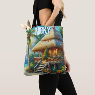 Tropical Hut Christmas Palm Tree Personalized Tote Bag