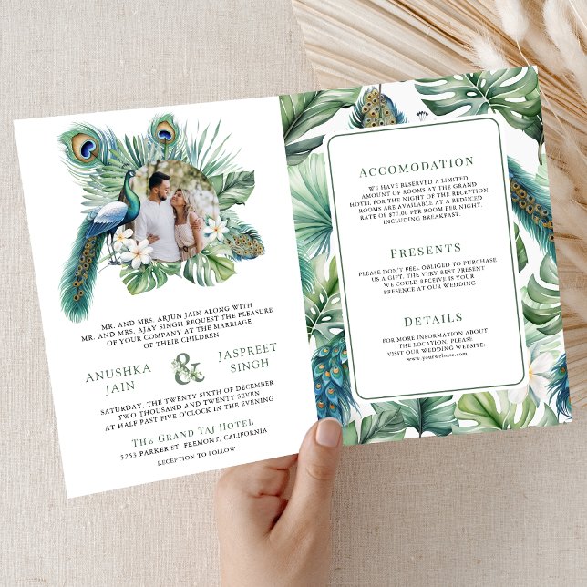 Tropical Indian Peacock Floral All in One Wedding Invitation (Creator Uploaded)