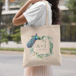 Tropical Indian Peacock Floral Wedding Monogram Tote Bag<br><div class="desc">Peacock theme wedding tote bag featuring a beautiful peacock,  flowers and tropical leaves. Personalize it with your own monogram,  bride and groom's name and wedding date.</div>