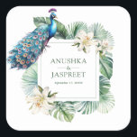 Tropical Indian Peacock Floral Wedding Square Sticker<br><div class="desc">Peacock theme wedding favour stickers featuring a beautiful peacock,  flowers and tropical leaves.</div>