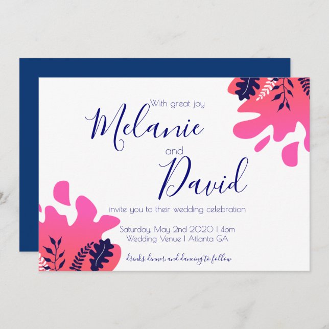 Tropical Inspired Navy Blue Hot Pink Wedding Card (Front/Back)