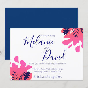 Tropical Inspired Navy Blue Hot Pink Wedding Card