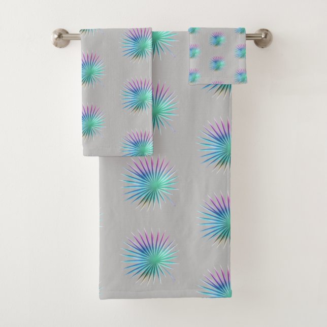 TROPICAL IRIDESCENT PALM GREY BATHROOM TOWEL SET (Insitu)