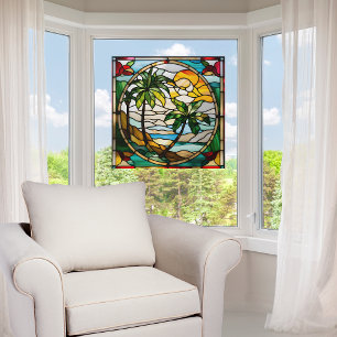 Tropical Island at Sunset Faux Stained Glass Window Cling