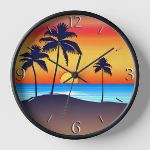Tropical Island at Sunset with Palm Trees Clock