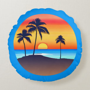 Tropical Island at Sunset with Palm Trees Round Pillow