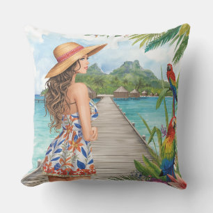 Tropical Island Beach and Lovely Women Outdoor Pillow