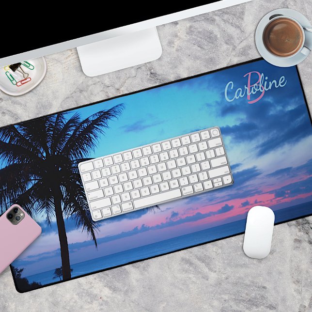 Tropical Island Beach Aqua Blue Ocean Pink Sunset Desk Mat (Creator Uploaded)