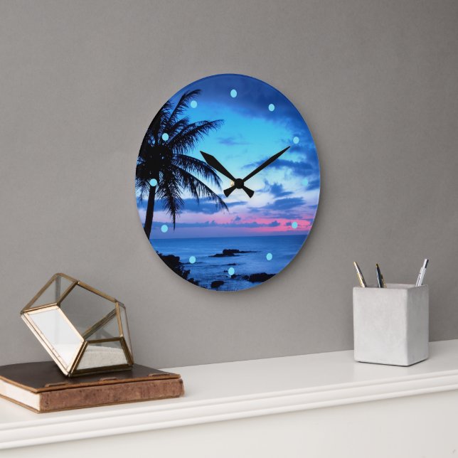 Tropical Island Beach Ocean Pink Blue Sunset Photo Large Clock (Office)