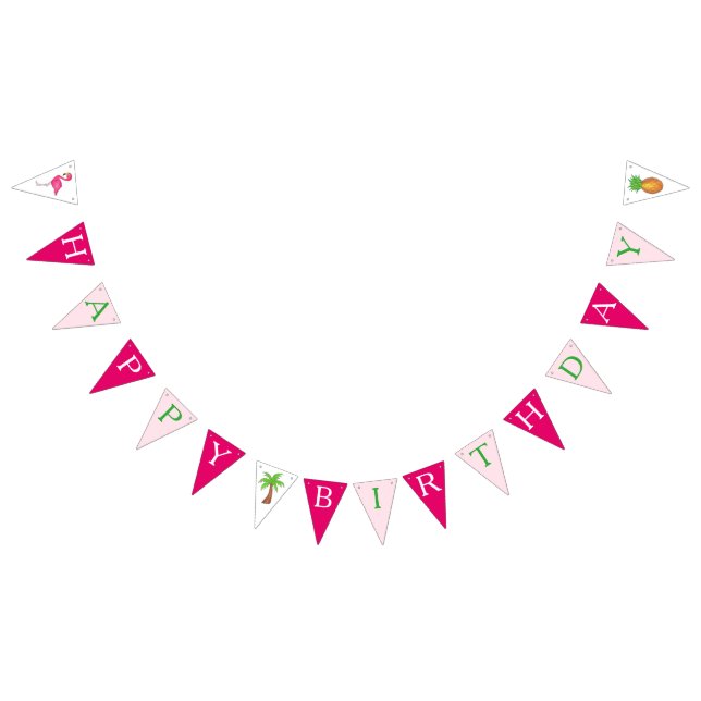 Tropical Island Beach Palm Tree Flamingo Birthday Bunting Flags (All)