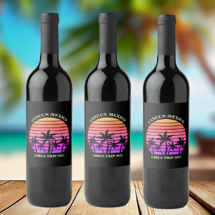 Tropical Island Beach Palm Tree Pink Black Party Wine Label