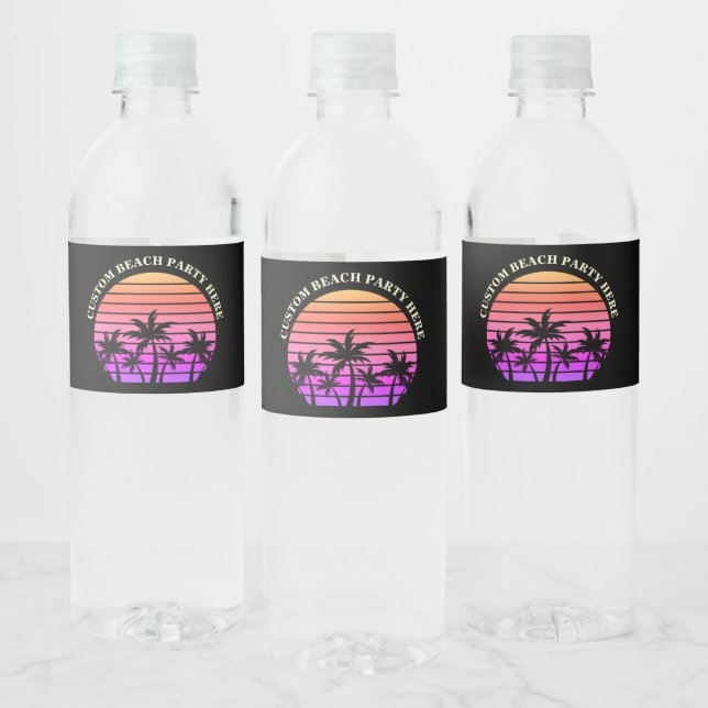 Tropical Island Beach Palm Trees Pink Black Water Bottle Label (Bottles)