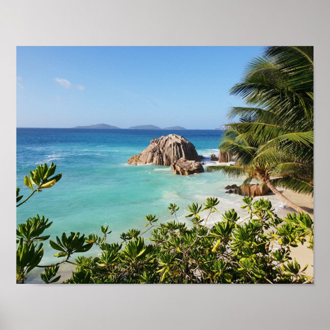 Tropical Island Beach Rocks & Palm Trees Poster (Front)