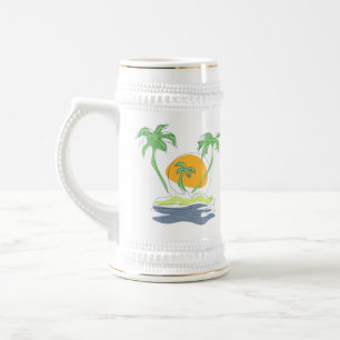 Tropical island beach scenery. Outline palm tree Beer Stein