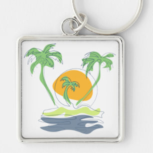Tropical island beach scenery. Outline palm tree Keychain