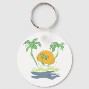 Tropical island beach scenery. Outline palm tree Keychain