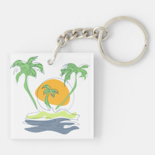 Tropical island beach scenery. Outline palm tree Keychain