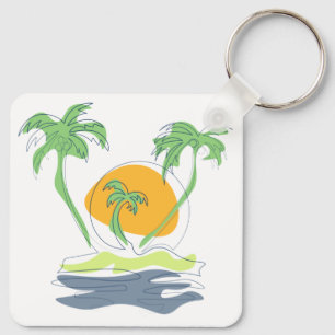 Tropical island beach scenery. Outline palm tree Keychain