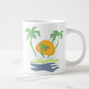 Tropical island beach scenery. Outline palm tree  Large Coffee Mug