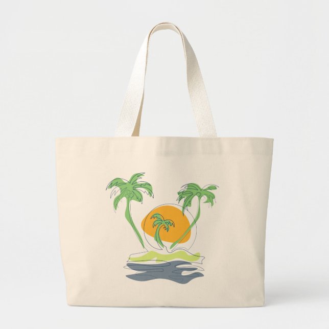 Tropical island beach scenery. Outline palm tree  Large Tote Bag (Front)
