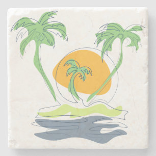 Tropical island beach scenery. Outline palm tree  Stone Coaster