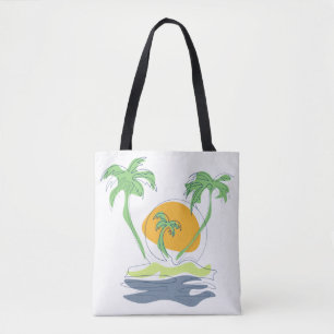 Tropical island beach scenery. Outline palm tree T Tote Bag