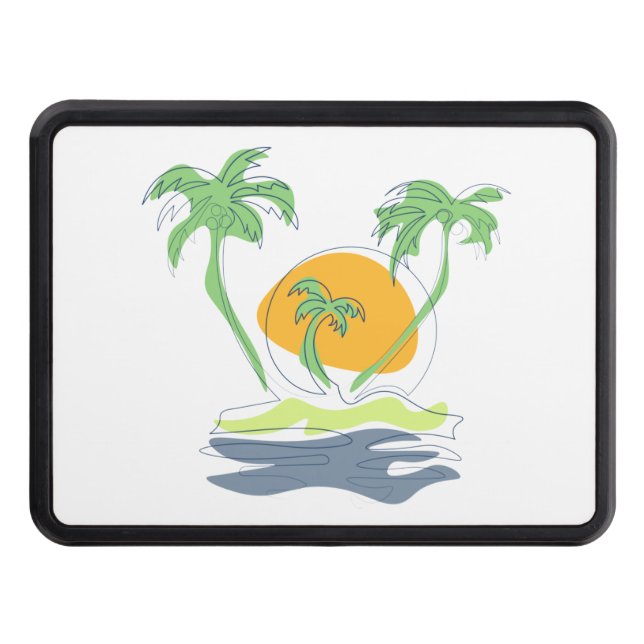 Tropical island beach scenery. Outline palm tree  Trailer Hitch Cover (Front)