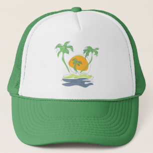 Tropical island beach scenery. Outline palm tree Trucker Hat