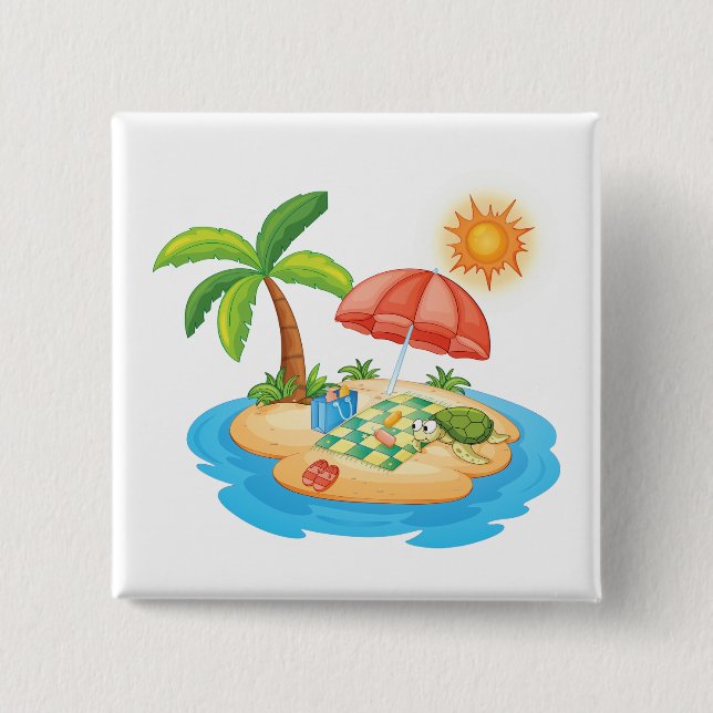 Tropical Island Beach Turtle Palm Tree Picnic 2 Inch Square Button (Front)