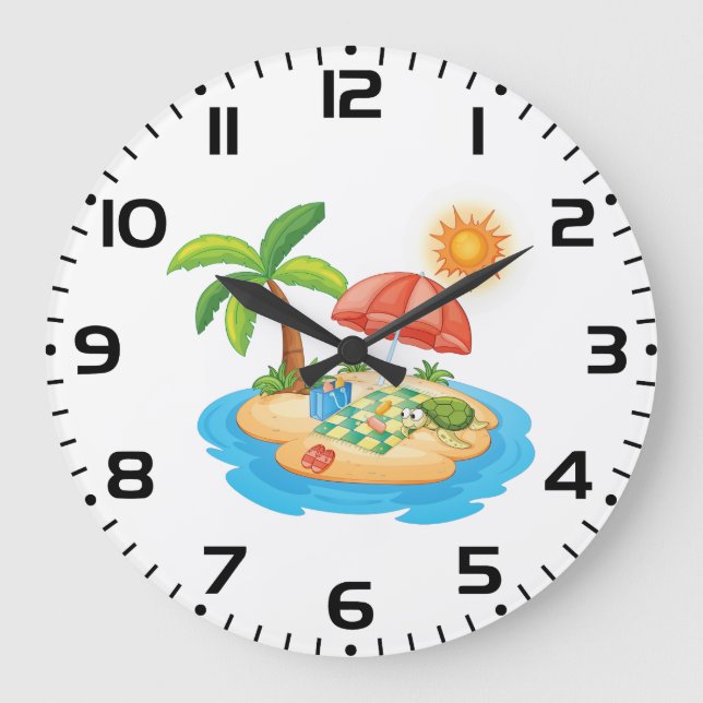 Tropical Island Beach Turtle Palm Tree Picnic Large Clock (Front)