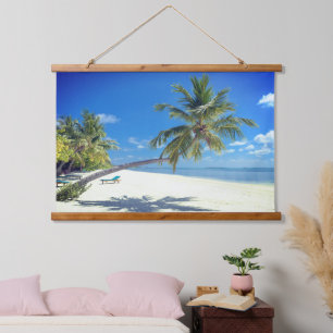 Tropical Island Beach with White Sand & Palm Trees Hanging Tapestry