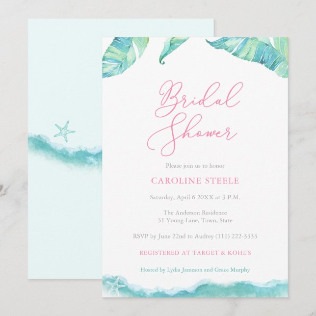 Tropical Island Bridal Shower Aqua and Fuchsia Invitation (Front/Back)