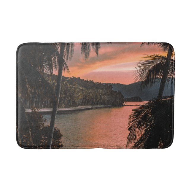 Tropical Island Evening Palm Tree Sunset Bath Mat (Front)