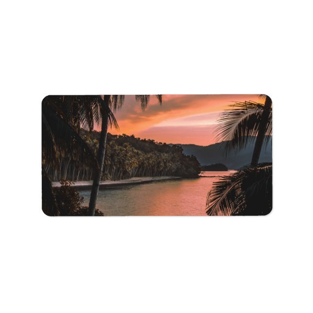 Tropical Island Evening Palm Tree Sunset Label (Front)