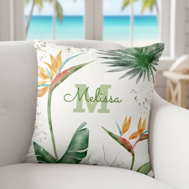 Tropical Island Floral Monogram Gold White Script  Throw Pillow (Creator Uploaded)