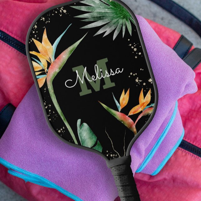 Tropical Island Floral Monogram Script Black Gold Pickleball Paddle (Creator Uploaded)