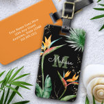 Tropical Island Floral Monogram Script Gold Black Luggage Tag<br><div class="desc">Bring a bit of elegant tropical hospitality with you wherever you travel, when you use this chic, modern luggage tag. Stunning, sophisticated, colourful, tropical watercolor birds of paradise flowers, faux gold glitter, and personalized calligraphy script with a bold monogram initial, overlay a dramatic black background. Personalize with your name and...</div>