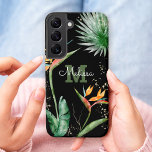 Tropical Island Floral Monogram Script Gold Black Samsung Galaxy Case<br><div class="desc">Stunning, sophisticated, colourful, tropical watercolor birds of paradise flowers, faux gold glitter, and personalized calligraphy script with a bold monogram initial, overlay a dramatic black background on this chic, elegant, modern cell phone case. Personalize with your name and monogram. Makes a fun and stylish statement every time you use it....</div>