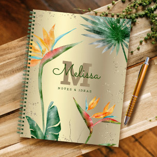 Tropical Island Floral Monogram Script Gold Foil Notebook