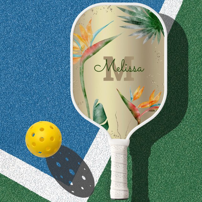 Tropical Island Floral Monogram Script Gold Foil Pickleball Paddle (Creator Uploaded)