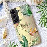 Tropical Island Floral Monogram Script Gold Foil Samsung Galaxy Case<br><div class="desc">Stunning, sophisticated, colourful, tropical watercolor birds of paradise flowers, faux gold glitter, and personalized calligraphy script with a bold monogram initial, overlay a stylish, glam brushed gold foil background on this chic, elegant, modern cell phone case. Personalize with your name and monogram. Makes a fun and stylish statement every time...</div>